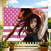 Anime tapestry featuring Chainsaw Man Yoru with a patriotic American flag design hanging outdoors