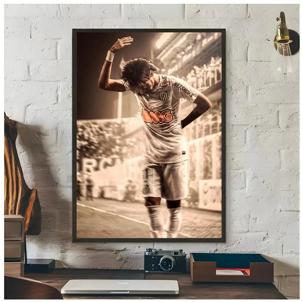 A framed photograph of Neymar Jr playing football, captured in a dynamic pose on a field.