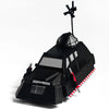 A black armored car model resembling a Storm Chaser Tornado interceptor with a rotating antenna on top.