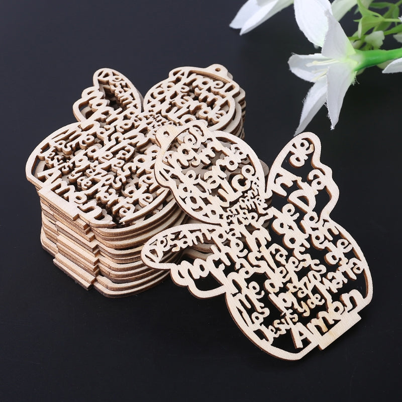 A stack of wooden angel ornaments with hemp rope, featuring various religious phrases and designs.