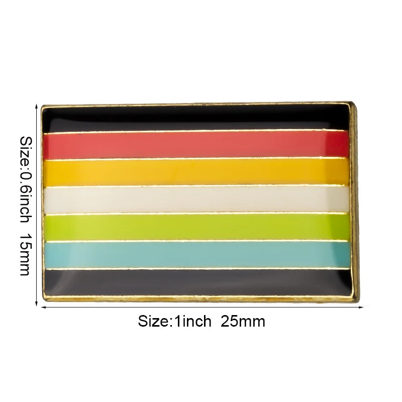 A rectangular enamel pin featuring five horizontal stripes of rainbow colors: red, orange, yellow, green, and blue.