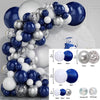 A collection of navy, silver, and white balloons arranged in a balloon garland arch kit.