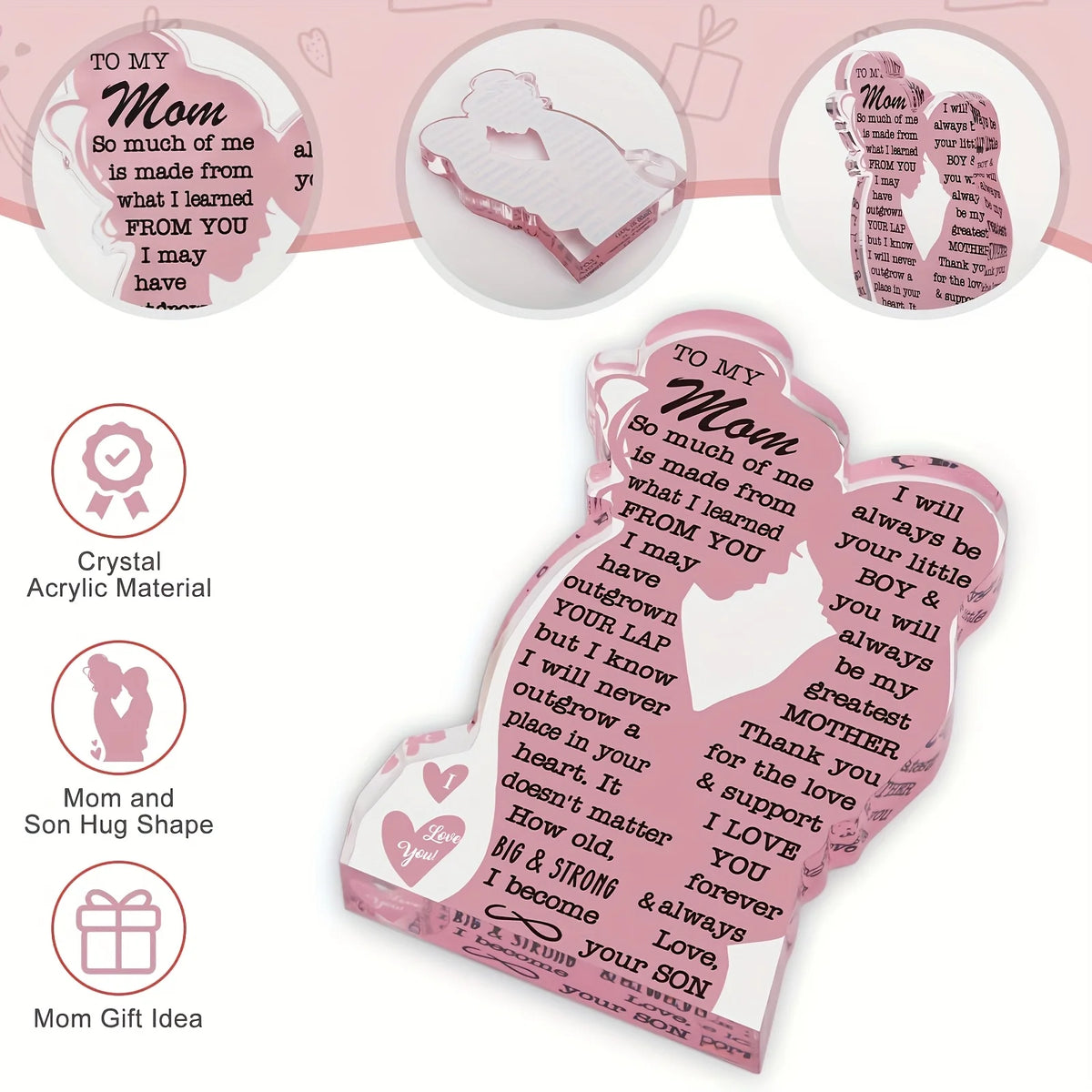 A personalized acrylic plaque shaped like a hug featuring a message for Mom