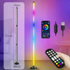 A tall, slender smart RGB floor lamp with a vertical light display and a remote control is shown next to a smartphone.