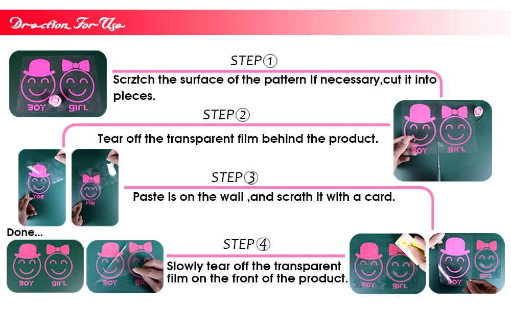 Instructions show how to use a musical notation wall decal for kids room decor involving scratching and tearing film.