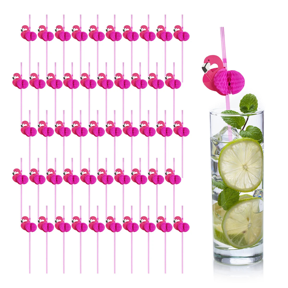 A pack of 50 pink paper straws shaped like flamingos and pineapples displayed in a glass.