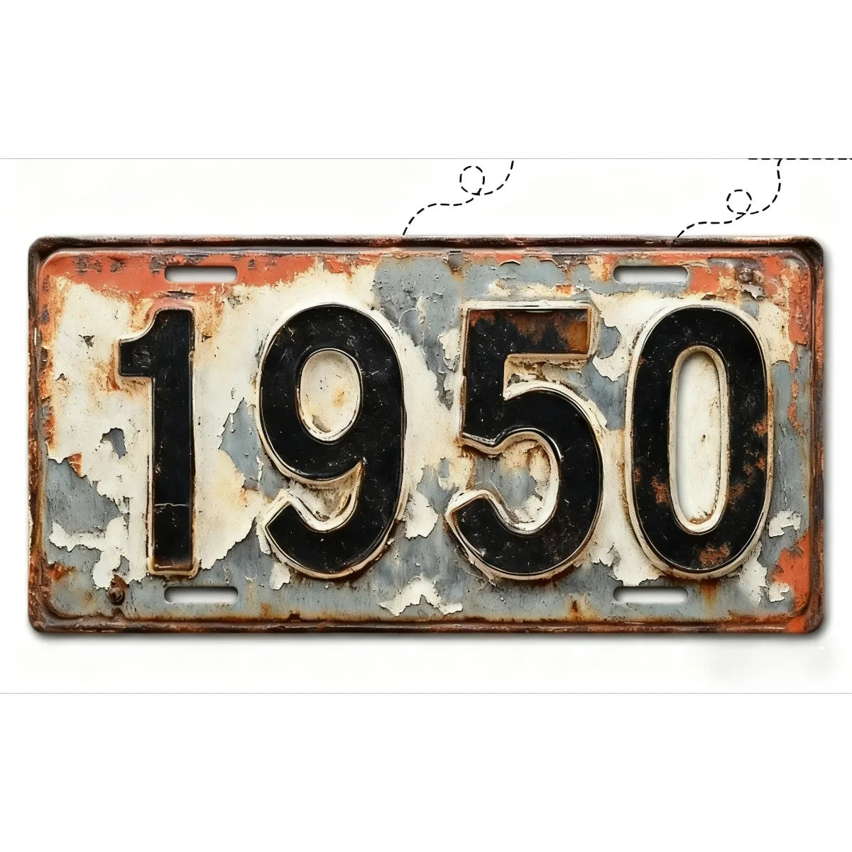 A vintage style aluminum license plate with the year 1950 embossed on it, showing signs of rust and weathering.