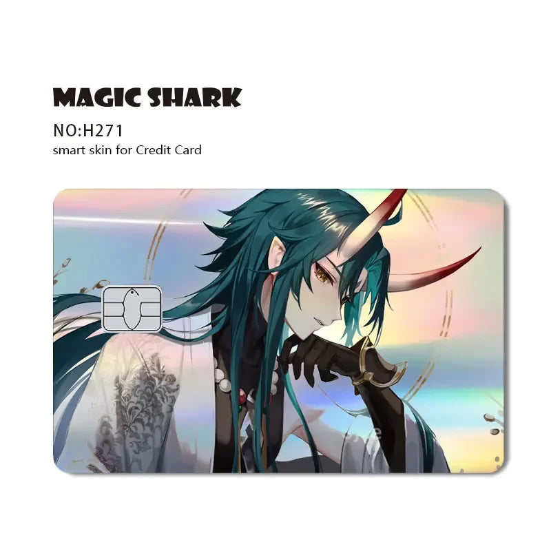 A digital illustration of a fierce, green-haired shark character with horns and sharp features.