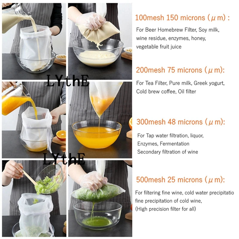 A collection of reusable fine mesh nylon filter bags used for filtering various liquids like milk, juice, tea, and wine.