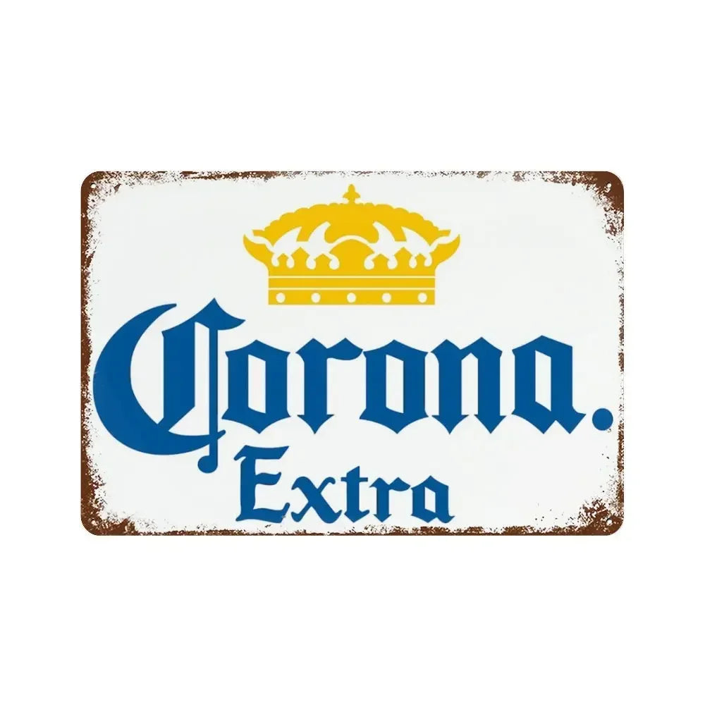 Vintage beer metal sign featuring a golden crown and blue text reading Corona Extra
