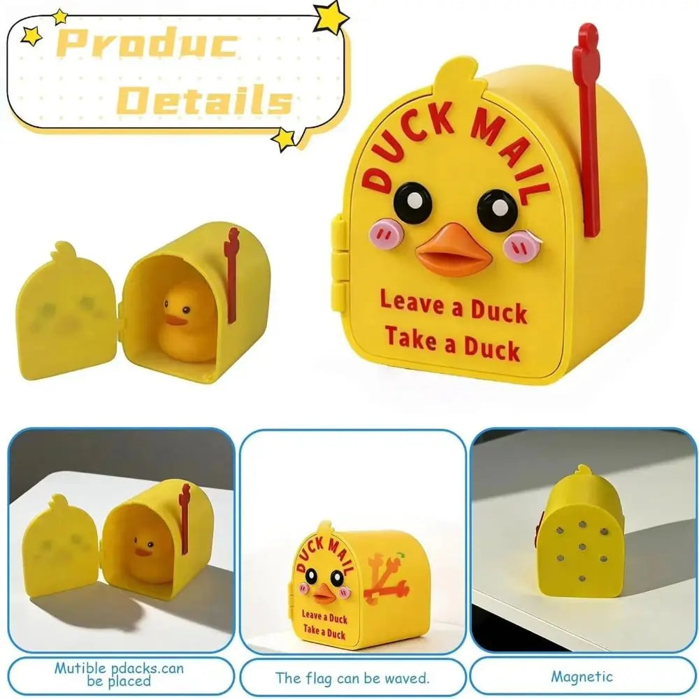 Yellow magnetic duck mail box cover with a hidden duck, showing multiple angles and features.