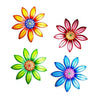 Colección de cinco esculturas de flores metálicas coloridas en tonos naranja, rojo, amarillo y azul.