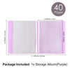 A purple storage album with 40 pages is shown, measuring 6.375 inches by 11.125 inches.