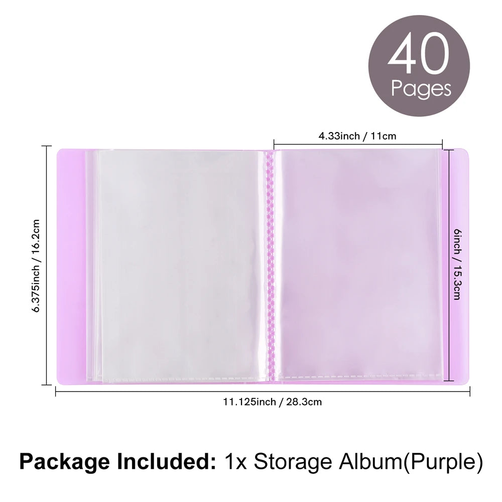A purple storage album with 40 pages is shown, measuring 6.375 inches by 11.125 inches.