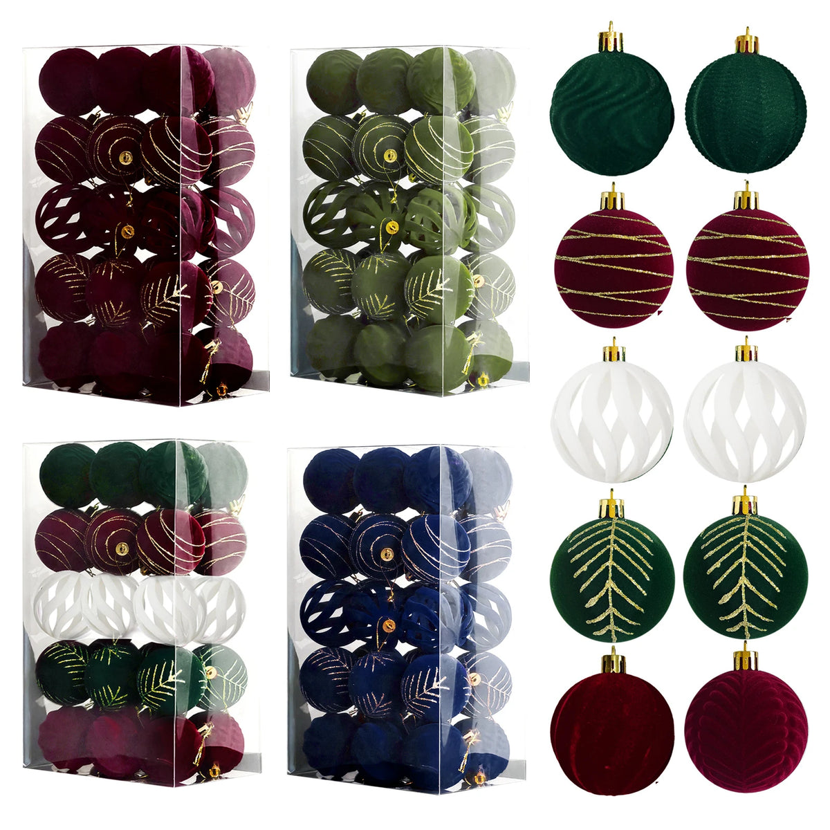 A collection of 30 velvet Christmas baubles in various shades of green, red, and gold for holiday decor.