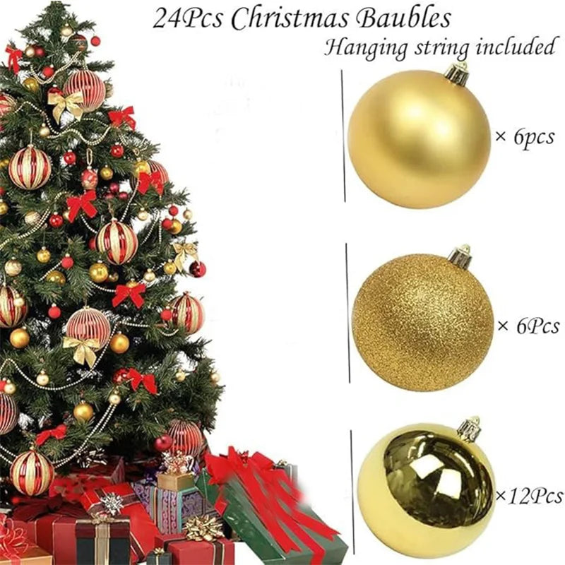 A set of 24 festive gold and silver Christmas baubles for hanging on a string.