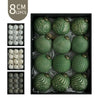 A set of twelve green retro shatterproof Christmas tree ball ornaments in a black box.