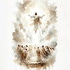 Watercolor painting depicting Jesus ascending in a burst of light surrounded by clouds and a crowd of figures.