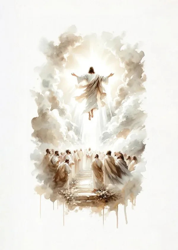 Watercolor painting depicting Jesus ascending in a burst of light surrounded by clouds and a crowd of figures.
