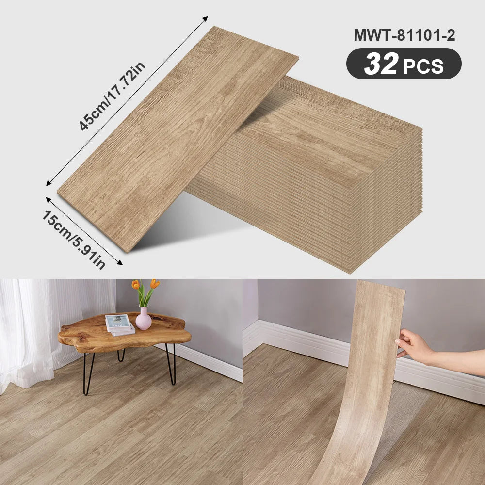 A rectangular wood grain peel-and-stick sticker sheet is shown next to a finished wooden plank, demonstrating its texture and