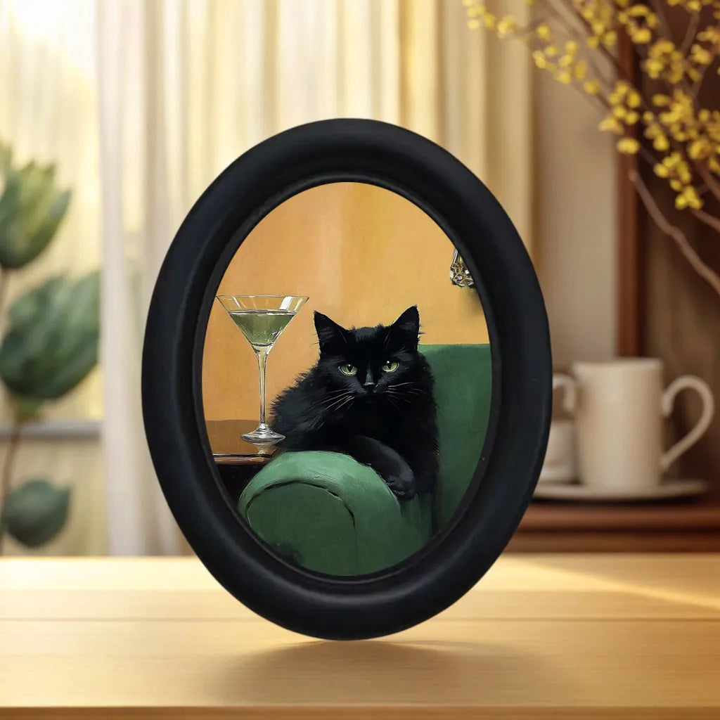Black framed wall art featuring a black cat sitting on a green velvet cushion