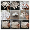 Various sizes of white polystyrene foam balls for crafting and decor shown in various contexts.