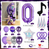 A set of purple and silver balloons, including a number balloon, star balloon, and various colored balloons for a music theme