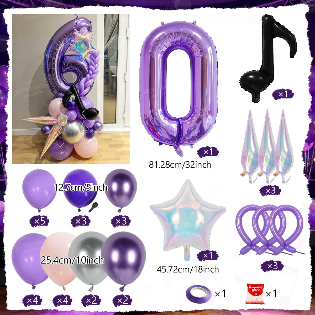 A set of purple and silver balloons, including a number balloon, star balloon, and various colored balloons for a music theme