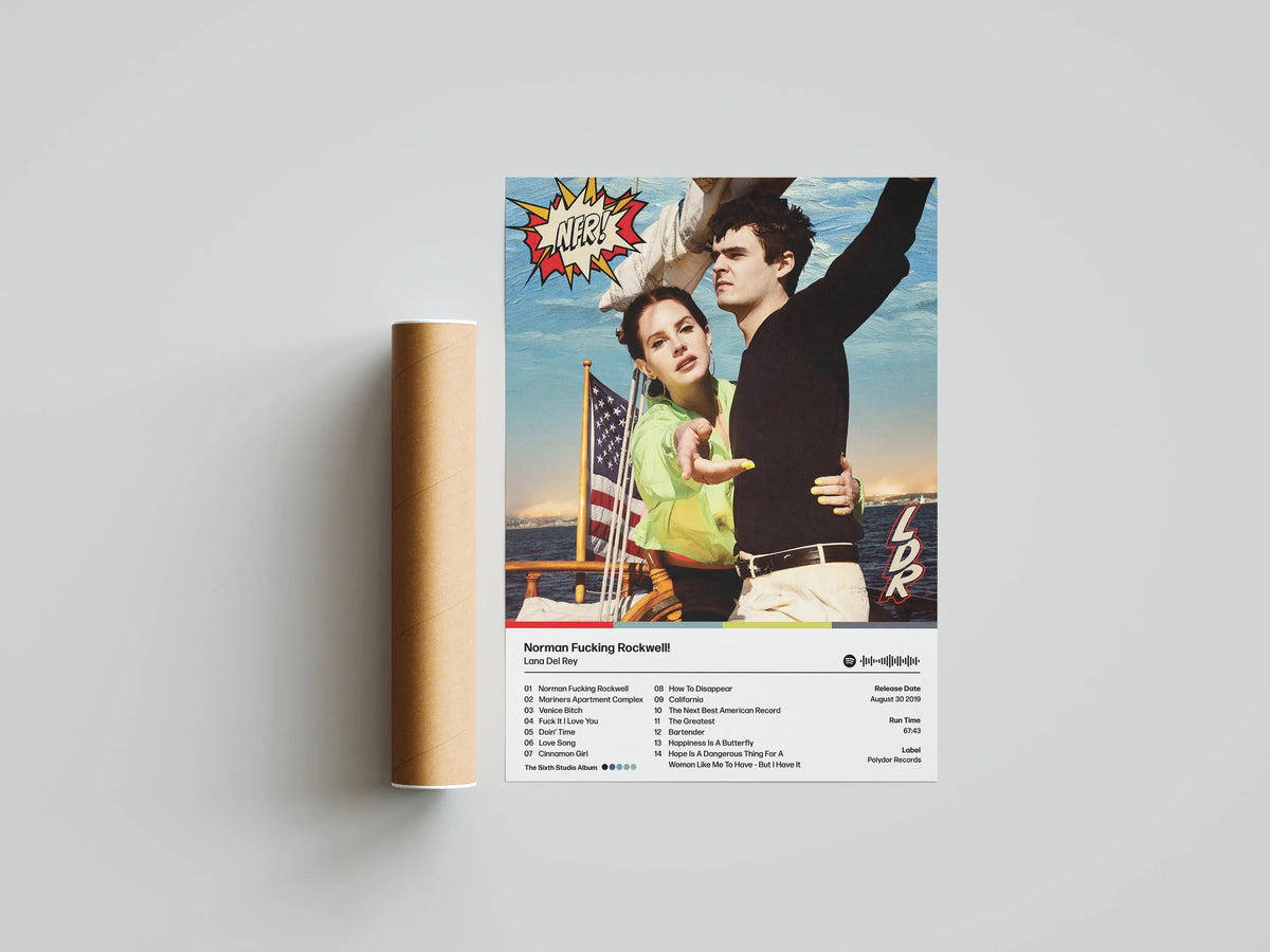 A poster featuring a couple and text about Norman Fucking Rockwell for Lana Del Rey Art Canvas Wall Decor