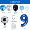 A set of 32 football and number balloons including spheres, long balloons, and sheets for party decoration.