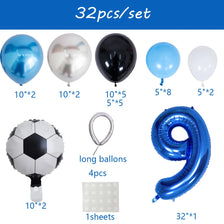 A set of 32 football and number balloons including spheres, long balloons, and sheets for party decoration.