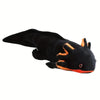 A black and orange axolotl plush toy with textured skin and large eyes.