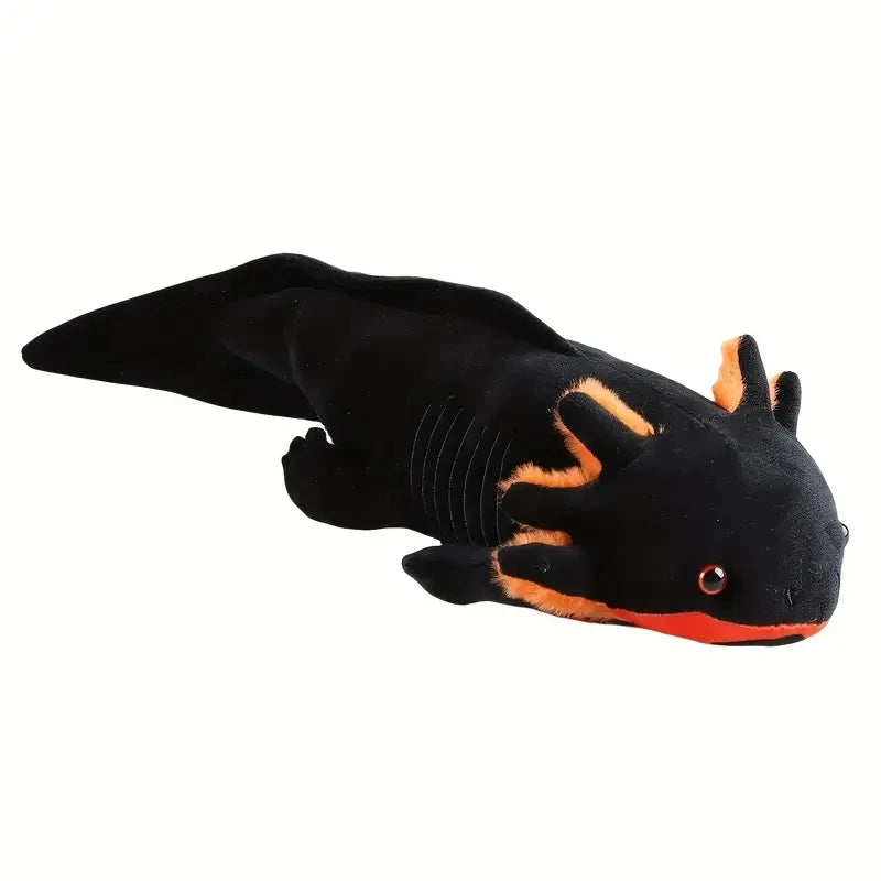 A black and orange axolotl plush toy with textured skin and large eyes.