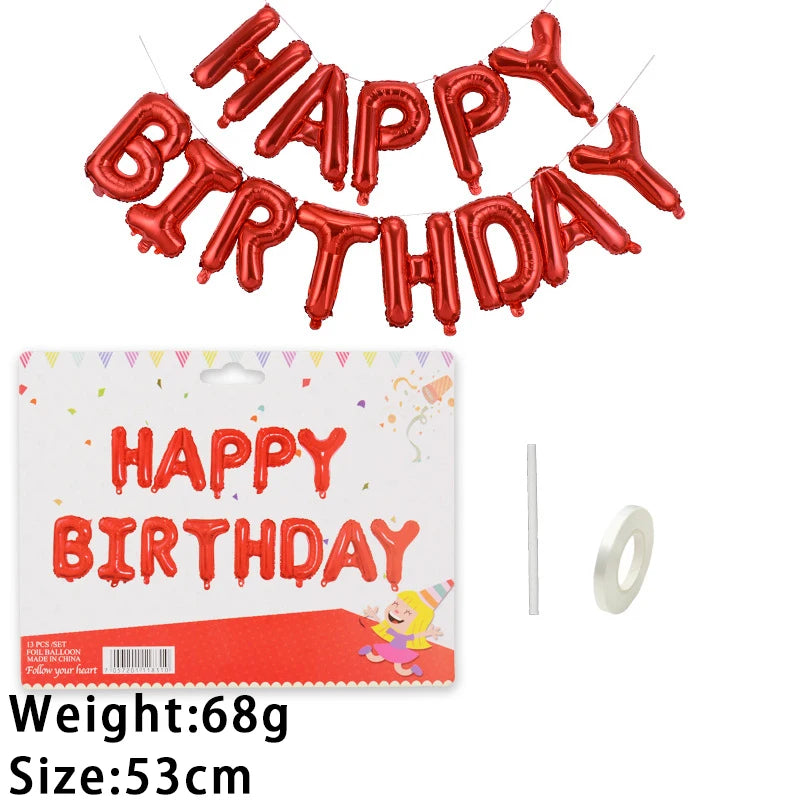 A string of red foil letter balloons spelling out Happy Birthday on a white card with additional accessories.