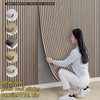 A woman is shown applying 3D wood grain wall stickers to a vertical panel, demonstrating the texture and installation of the 