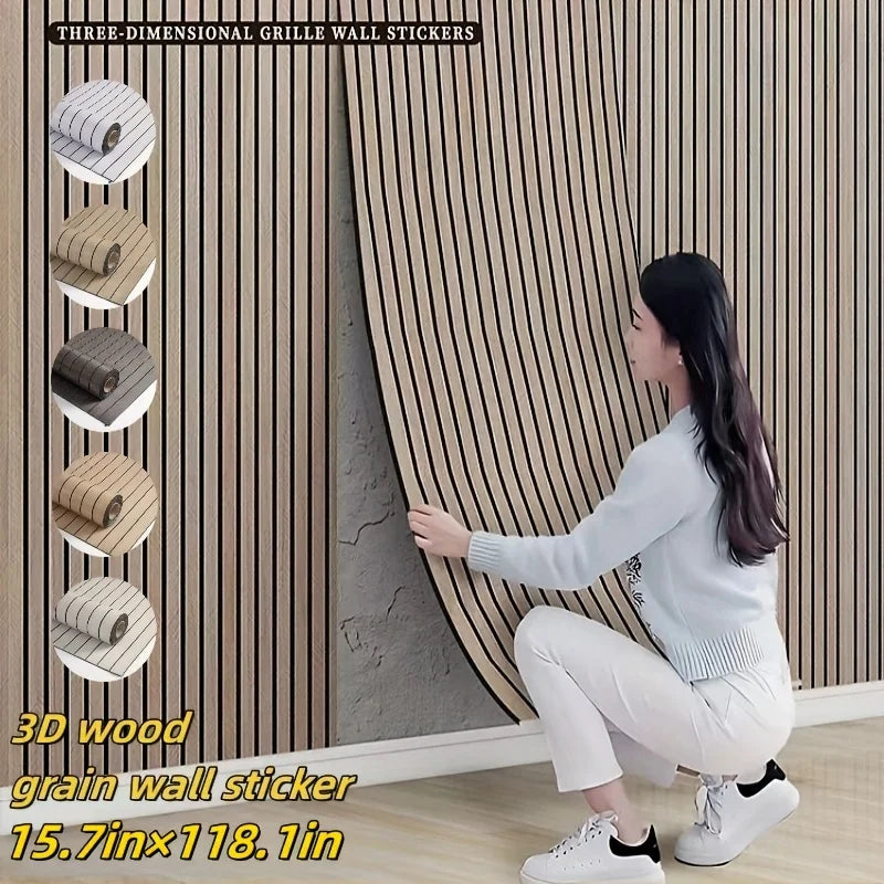 A woman is shown applying 3D wood grain wall stickers to a vertical panel, demonstrating the texture and installation of the 