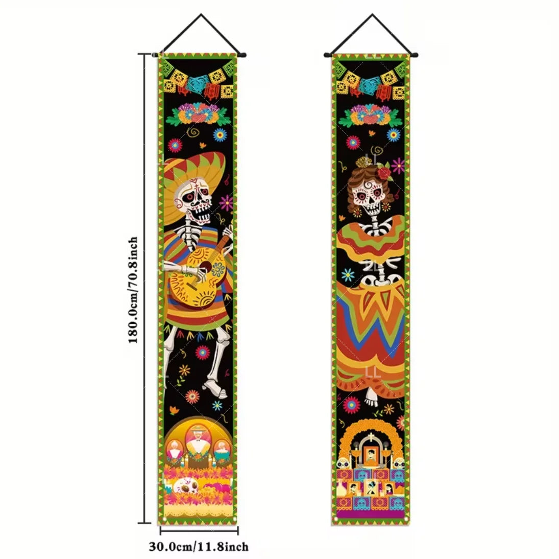 A vertical banner featuring a Mexican skull and floral motifs for a Day of the Dead decoration.