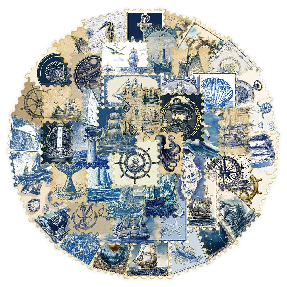 A circular collage of retro nautical foil stickers featuring ships, anchors, lighthouses, and maritime elements.