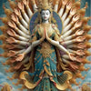 A detailed painting of a serene Buddha with multiple arms, glowing halo, and lotus design.