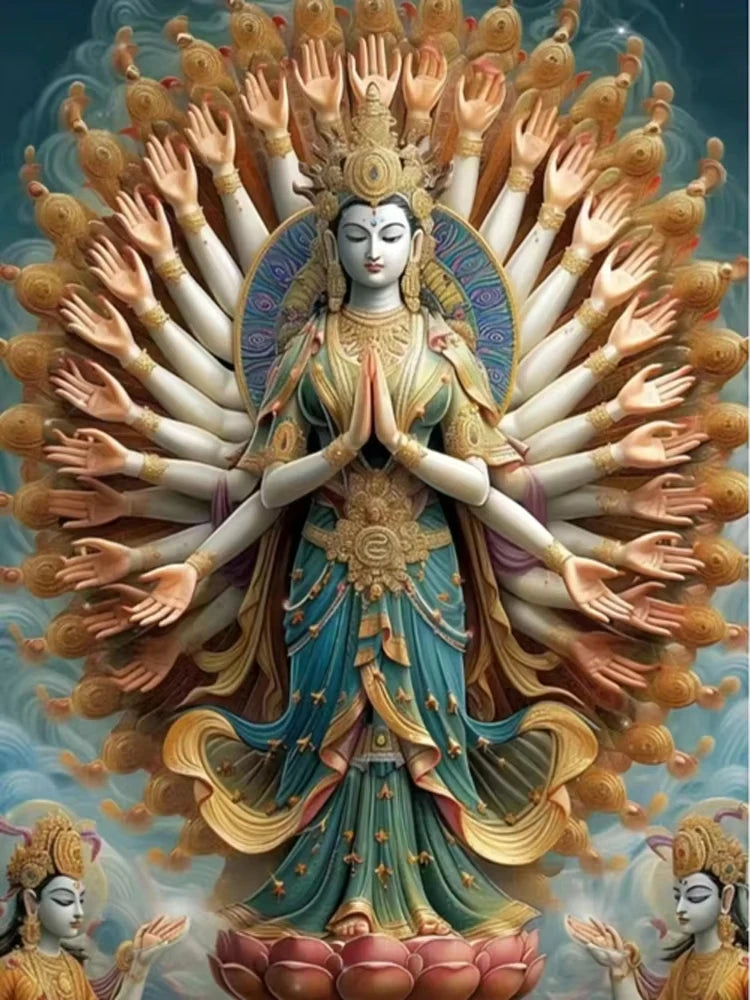 A detailed painting of a serene Buddha with multiple arms, glowing halo, and lotus design.