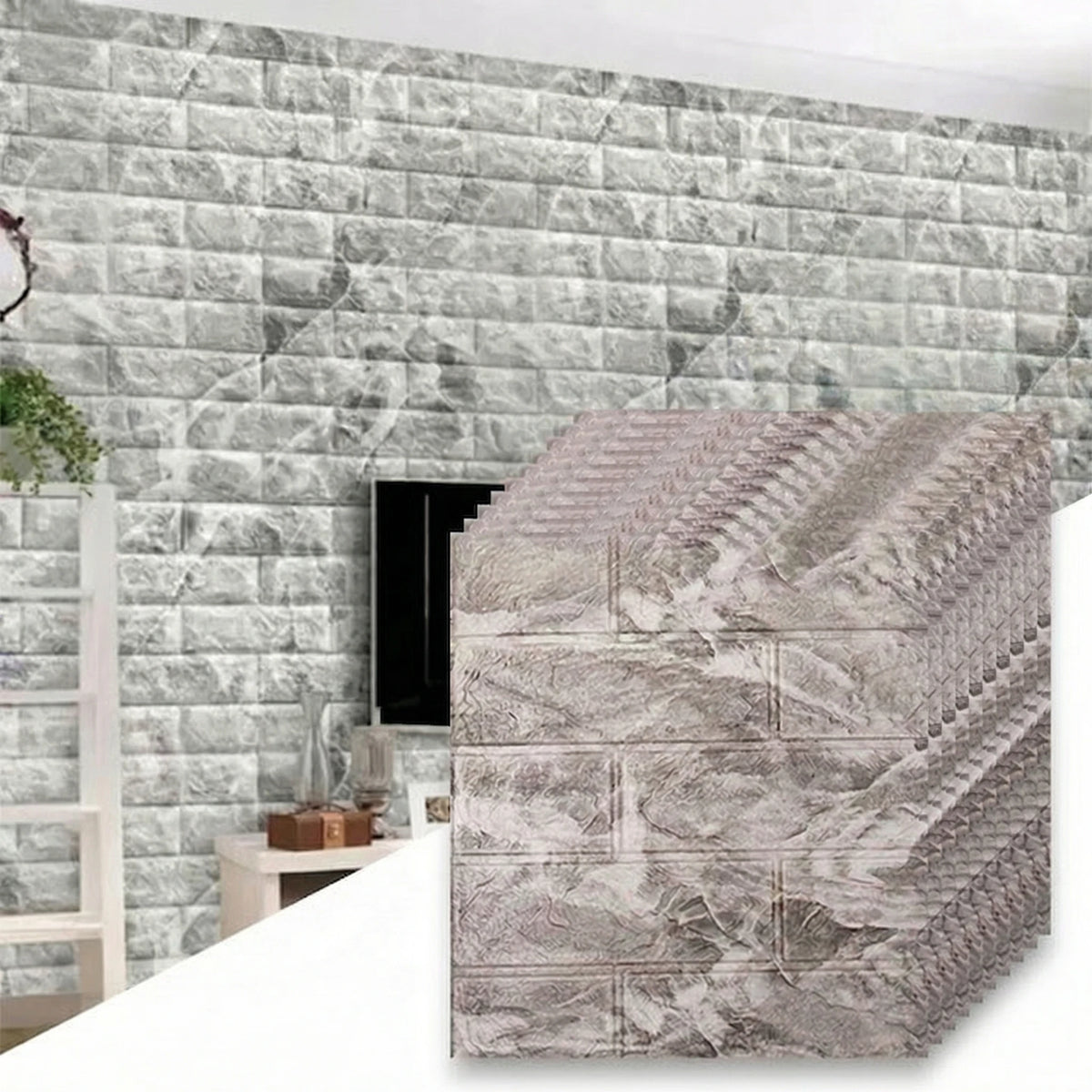 A stack of 3D foam brick wallpaper panels in gray and white textures against a gray brick wall.
