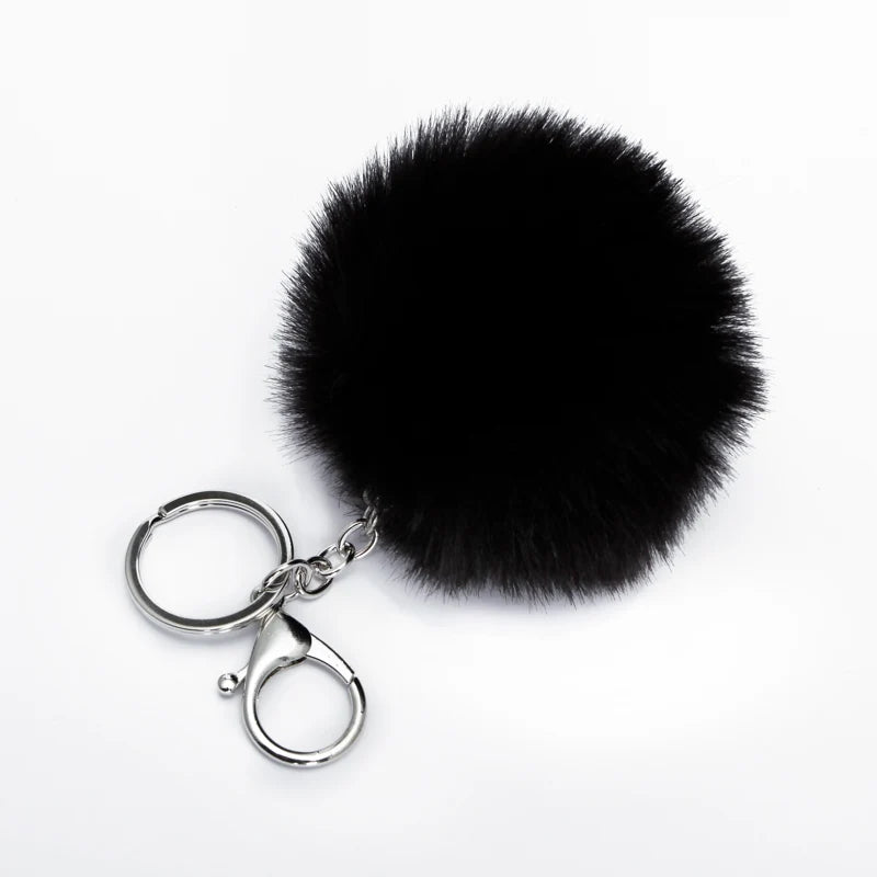 Black faux fur pom pom keychain with a silver chain