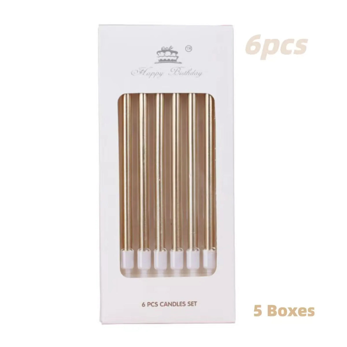 A package containing 6 pieces of metallic birthday cake candles with holders.