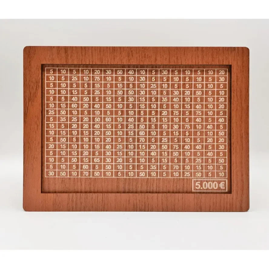 A wooden money saving box with a grid tracker for savings goals, featuring various denominations of Euro coins.