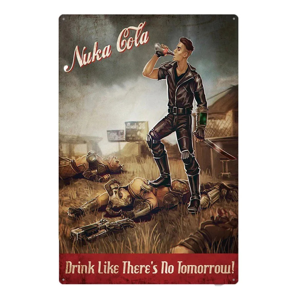 Vintage metal wall sign featuring a stylized illustration of a man holding a bottle with the text Nuka Cola and Drink Like Th
