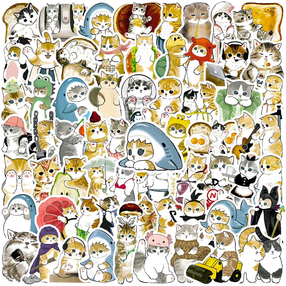 A collection of adorable cartoon cat stickers featuring various cats in different poses and styles.