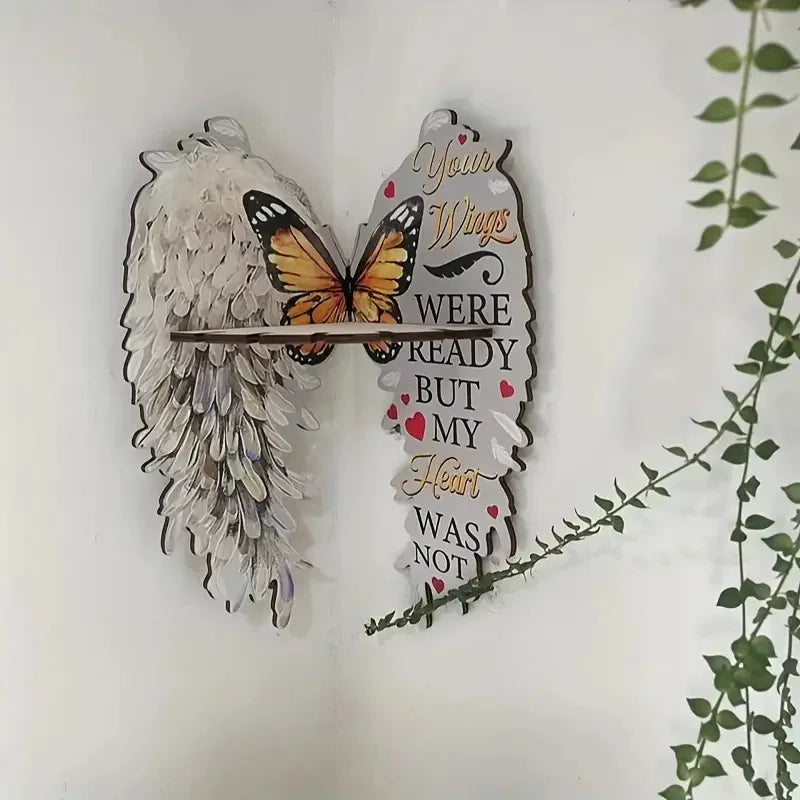 Boho wood angel wing wall shelf featuring a crystal display holder and butterfly design.