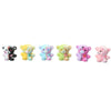 A set of five colorful resin figurines depicting bears with various expressions and colors.