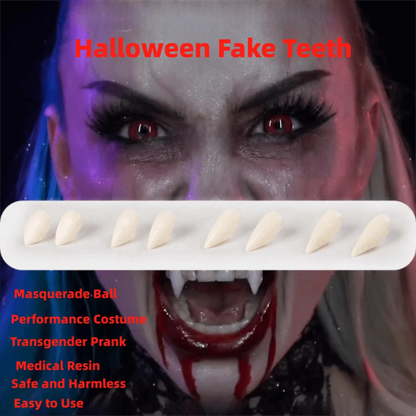 A close-up of a woman's mouth showing realistic fake vampire teeth made of medical resin for Halloween costume