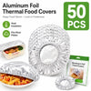 A set of 50 aluminum foil thermal food covers are shown, including a large round cover and smaller individual covers.